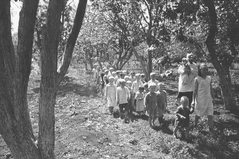 Детский сад-ясли. Дети на прогулке в колхозном саду
